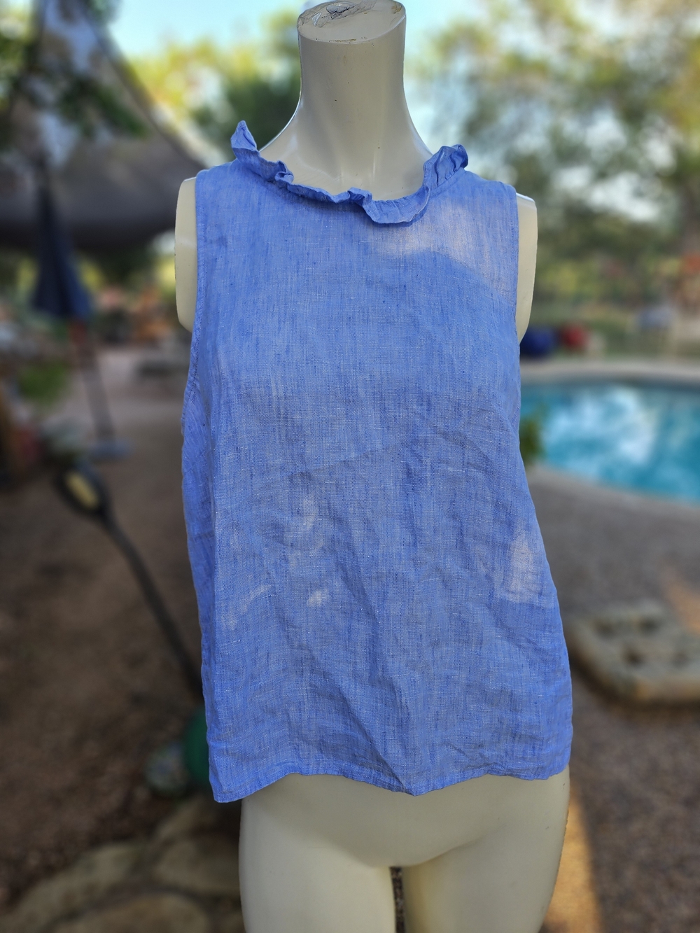 J Crew Sleeveless Ruffle Neck Linen Tank Top Periwinkle Blue M